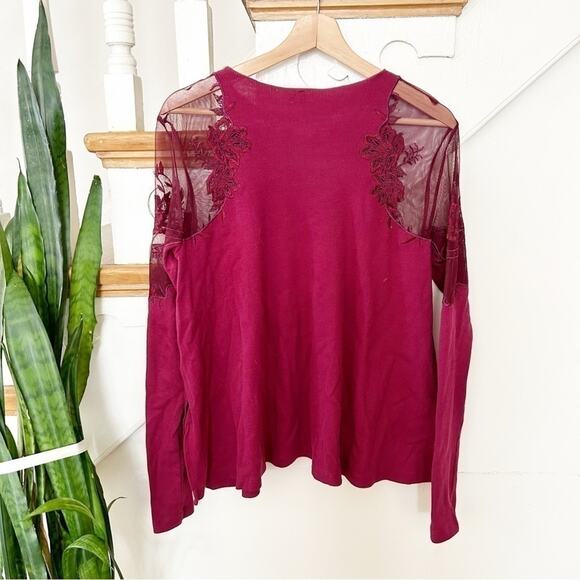 Free People Wine Daniella Lace Embroidered Illusion Shoulder Long Sleeve Top S - Picture 4 of 7